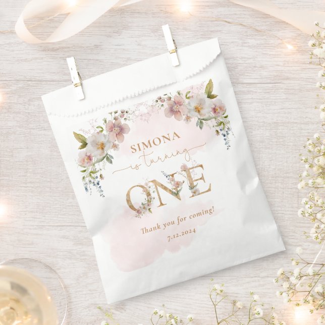 Wildflowers gold Girl first birthday thank you Favour Bag (Clipped)