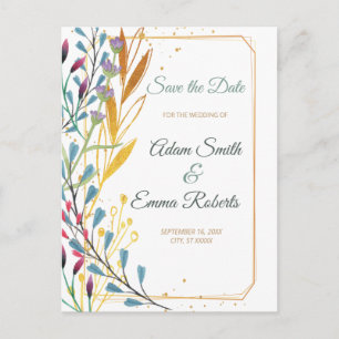Wildflowers & Gold Sparkles Save the Date Wedding Postcard