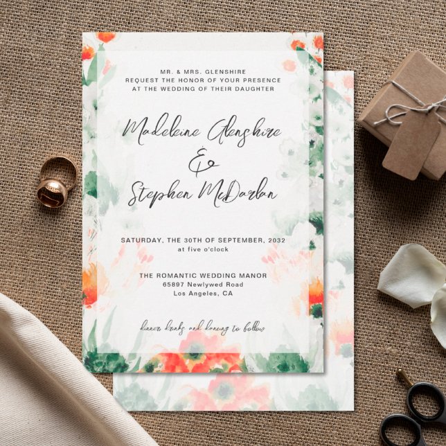 Wildflowers green & orange floral romantic wedding invitation (Creator Uploaded)