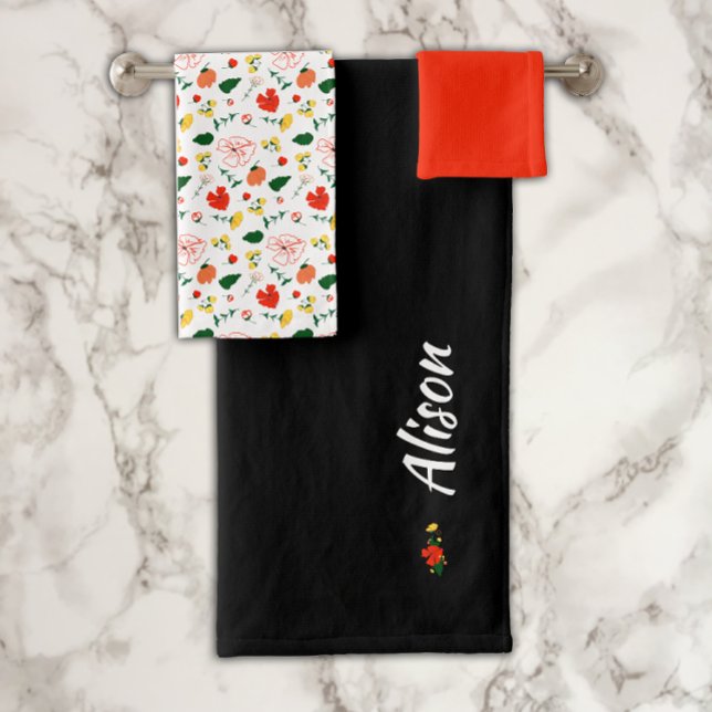 Wildflowers green white red black bath towel set (Creator Uploaded)