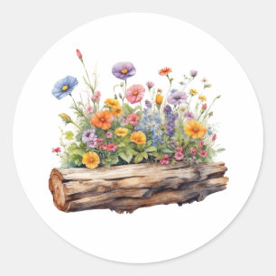 Wildflowers Growing on the Wooden Log Nature  Classic Round Sticker