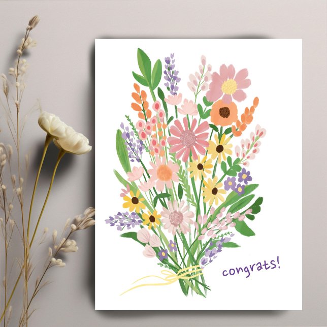 Wildflowers Handpainted Colourful Gouache Congrats Postcard (Wildflowers Handpainted Colorful Gouache Congratulations Postcard
)
