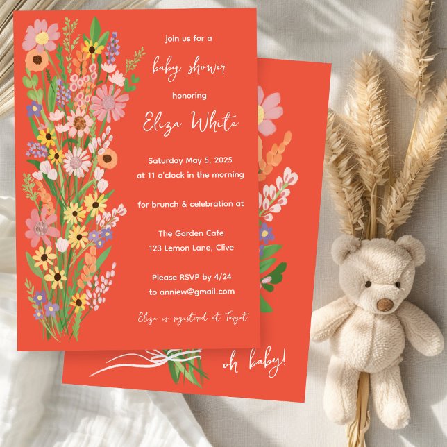 Wildflowers Handpainted Custom Baby Shower  Invitation (Wildflowers Handpainted Custom Baby Shower Invitation Orange
)
