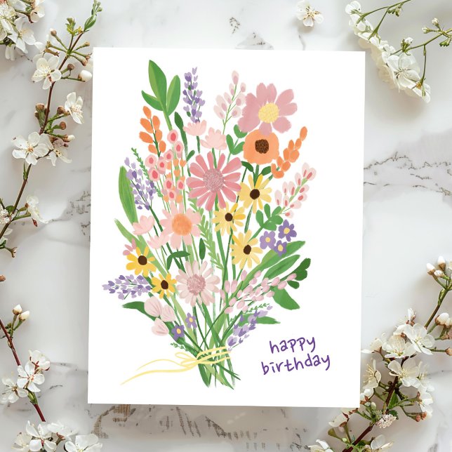 Wildflowers Handpainted Gouache Happy Birthday Postcard (Wildflowers Handpainted Gouache Bouquet Happy Birthday Custom  Postcard
)