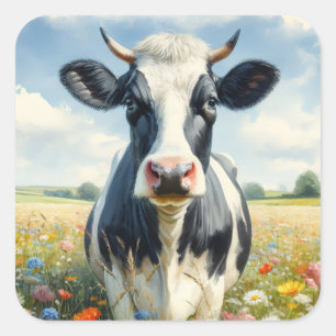 Wildflowers Holstein Dairy Cow Square Sticker