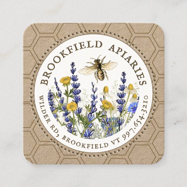 Wildflowers Honeycomb & Bee Apiary Kraft  Square Business Card (Front)