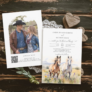 Wildflowers Horses Painting Rustic Country Wedding Invitation