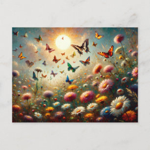 Wildflowers in Bloom Surrounded by Butterflies Postcard