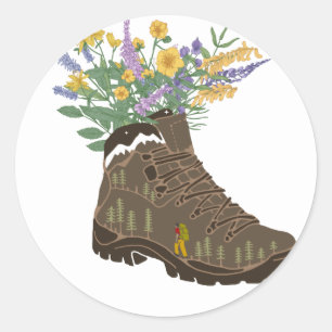 Wildflowers in Hiking Boot Camping  T-Shirt Keycha Classic Round Sticker