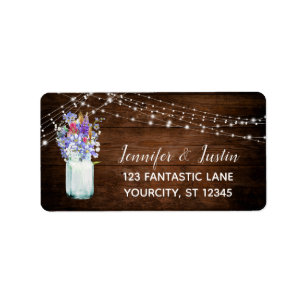 Wildflowers in Mason Jar, Lights, Rustic Wood Label