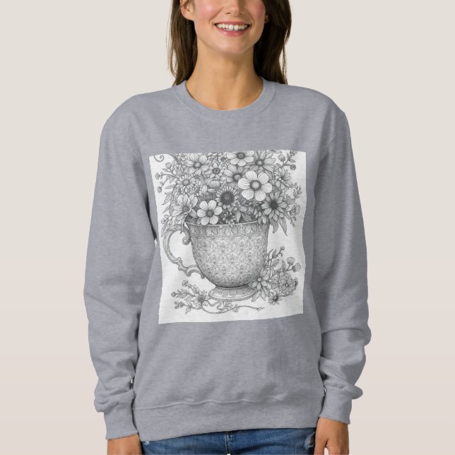 Wildflowers in Vintage Teacup Ink Illustration Hoo Sweatshirt (Front)