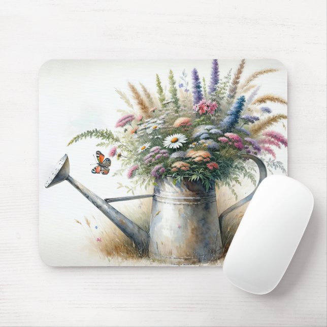 Wildflowers In Watering Can Mouse Pad (With Mouse)