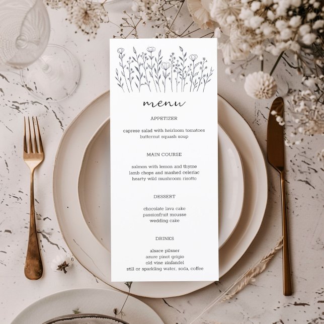 Wildflowers Line Art Elegant Chic Modern CUSTOM Menu (Wildflowers Line Art Elegant Chic Modern CUSTOM Wedding Engagement Menu
)