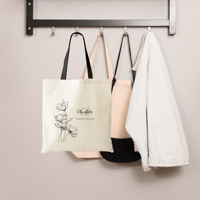 Wildflowers line art simple monogram name tote bag (Creator Uploaded)