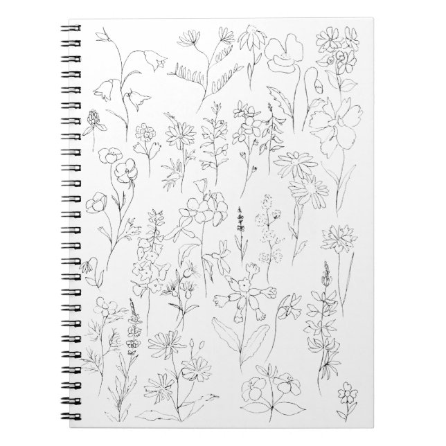 wildflowers  line drawing black and white notebook (Front)