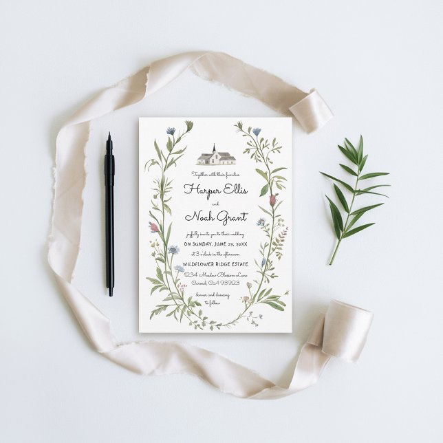 Wildflowers Manor Hand-Written Modern Chic Wedding Invitation (wildflowers wedding invitation hand-written manor floral frame modern garden outdoors chic)