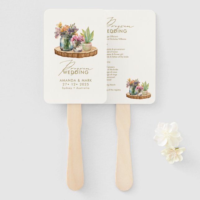 Wildflowers Mason Jar Boho bohemian wedding Hand Fan (Front and Back)