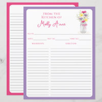 Wildflowers Mason Jar Purple & Pink Recipe Sheets