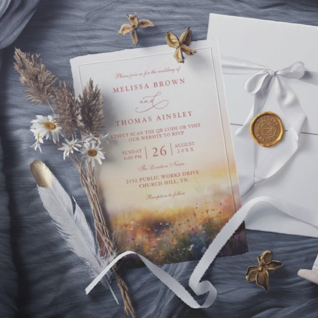 Wildflowers Meadow Earthy Elegant QR Code Wedding Invitation (Creator Uploaded)