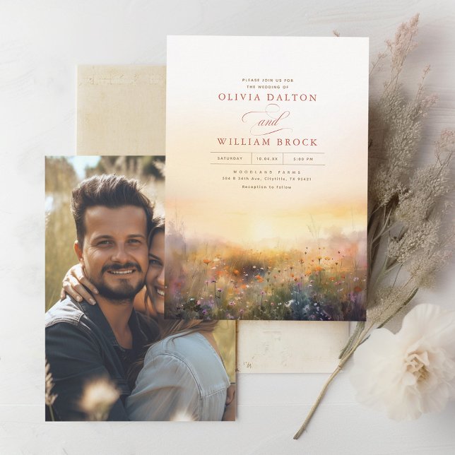 Wildflowers Meadow Earthy Elegant Wedding Photo Invitation (Creator Uploaded)