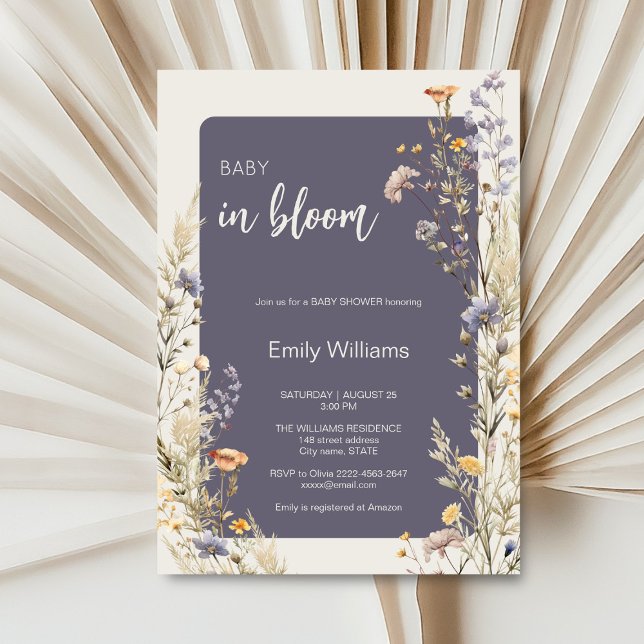 Wildflowers meadow elegant boho baby shower invitation (A little wildflower elegant rustic boho watercolor baby shower invitation, baby in bloom)