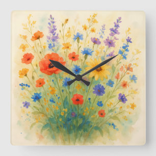Wildflowers Meadow - Watercolor Painting Style Art Square Wall Clock