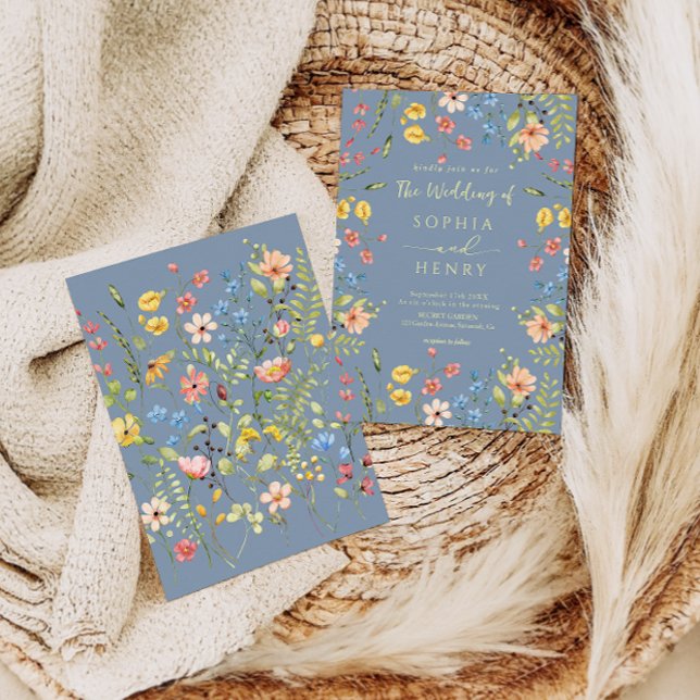  Wildflowers Modern Elegant Dusty Blue Wedding  Invitation (Creator Uploaded)