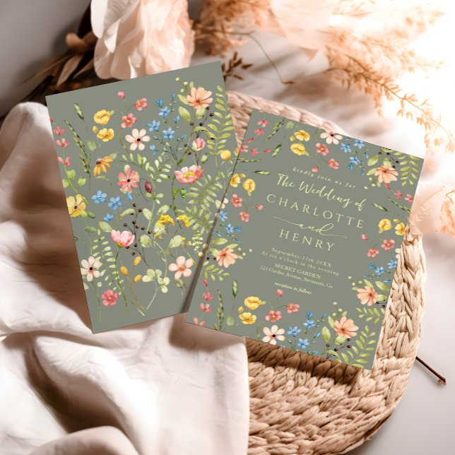  Wildflowers Modern Elegant Garden Sage Wedding  Invitation (Creator Uploaded)