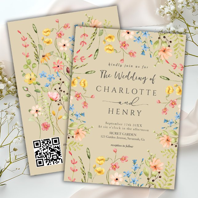  Wildflowers Modern Garden Beige QR Code Wedding  Invitation (Creator Uploaded)