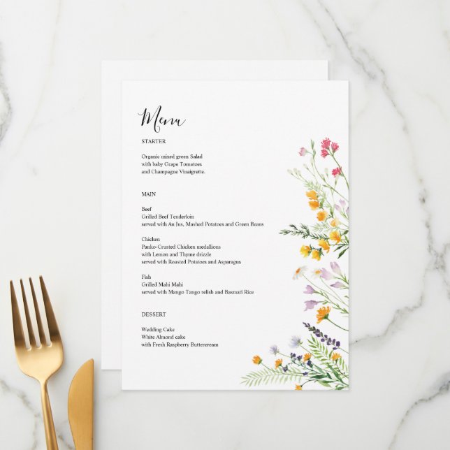 Wildflowers modern Menu card monogrammed on back (Front/Back In Situ)