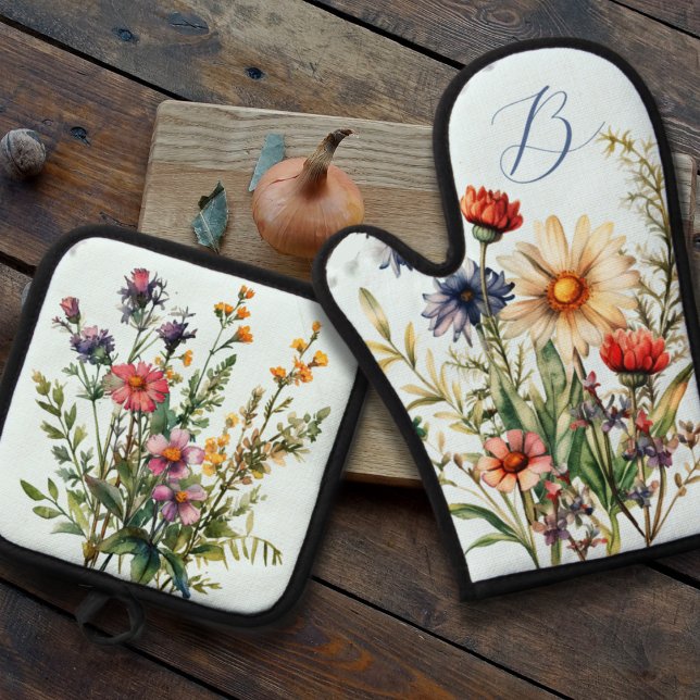 Wildflowers Monogram Initial Kitchen Oven Mitt & Pot Holder Set (Creator Uploaded)