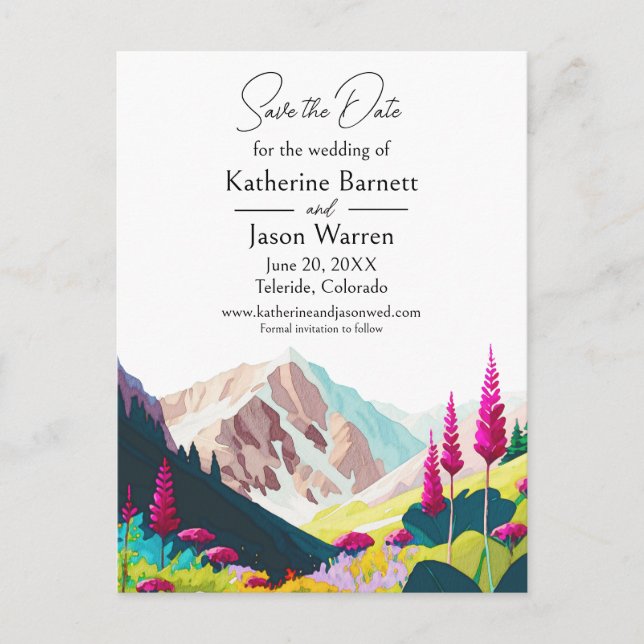 Wildflowers Mountains Watercolor Save the Date Postcard (Front)