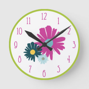 Wildflowers Nature Garden Pink Blue Green Wall Round Clock