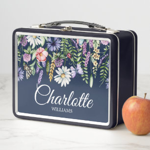 Wildflowers Navy Blue Personalised Kids Metal Lunch Box