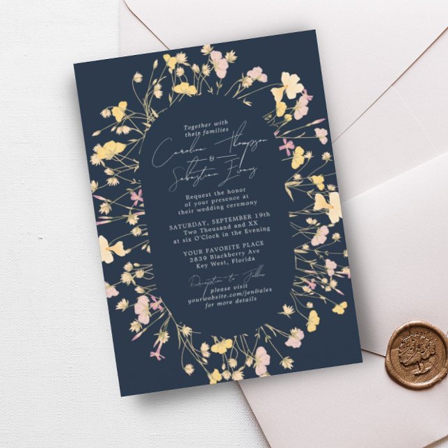 Wildflowers Navy Double Arch Frame Wedding  Invitation (Creator Uploaded)
