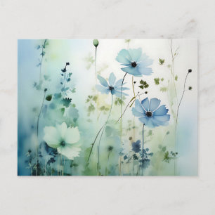 Wildflowers On A Soft Blue Watercolor Postcard