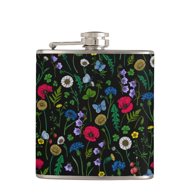 Wildflowers on black hip flask (Front)