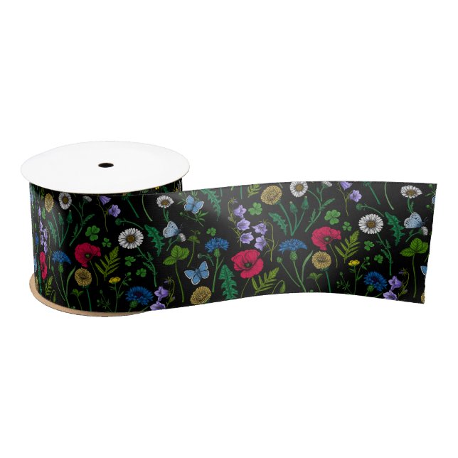 Wildflowers on black satin ribbon (Spool)