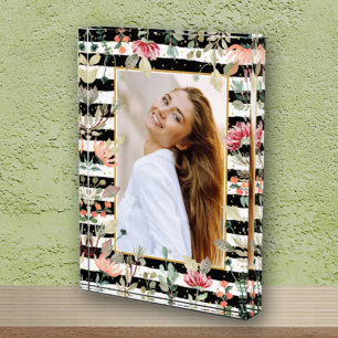 Wildflowers on Black White Stripes Photo Block