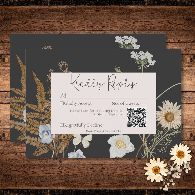 Wildflowers on Charcoal Wedding QR Code RSVP Card (Wildflowers on Charcoal Wedding QR Code RSVP Card)