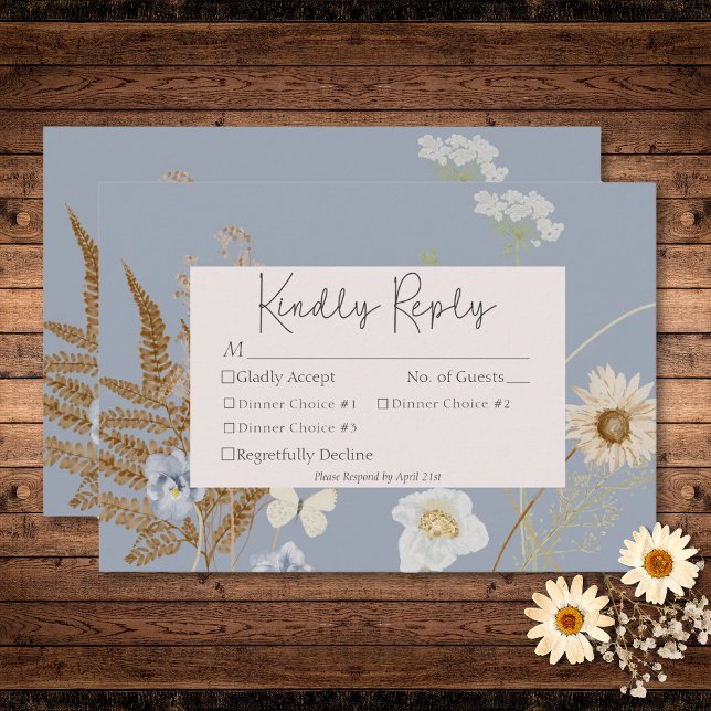 Wildflowers on Dusty Blue Wedding Three Dinner RSVP Card (Wildflowers on Dusty Blue Wedding Three Dinner RSVP Card)