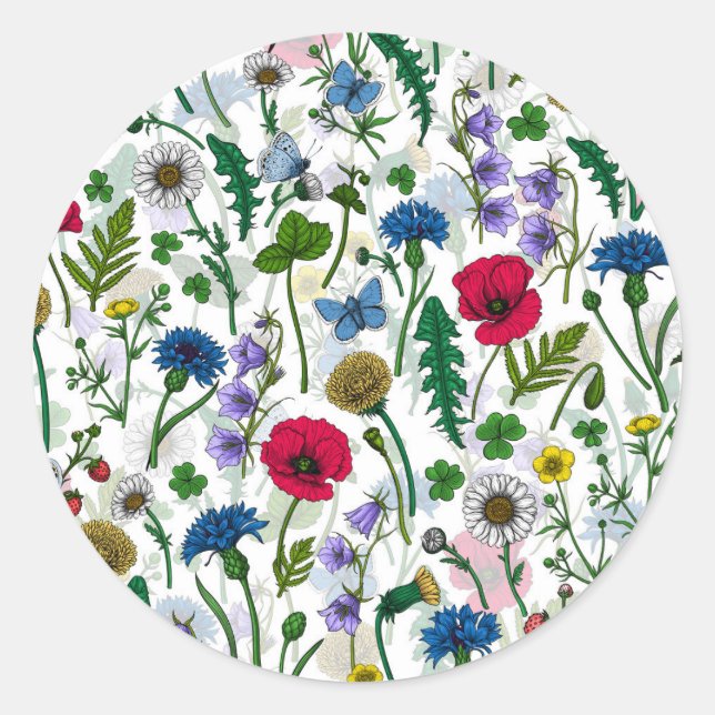 Wildflowers on off white classic round sticker (Front)