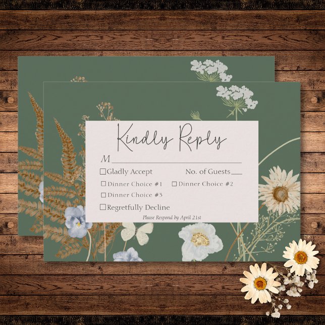 Wildflowers on Sage Green Wedding Three Dinner RSVP Card (Wildflowers on Sage Green Wedding Three Dinner RSVP Card)
