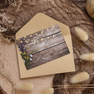 Wildflowers on Wood String Lights Rustic Wedding Invitation