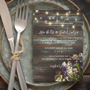 Wildflowers on Wood String Lights Rustic Wedding Invitation