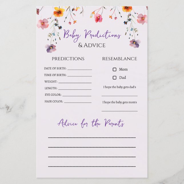 Wildflowers Orthodox Baby Shower Predictions Game (Front)