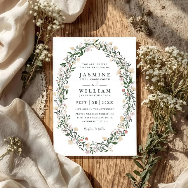 Wildflowers Oval Floral Wreath QR Code Wedding Invitation (Creator Uploaded)