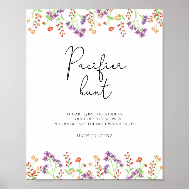 Wildflowers pacifier hunt baby shower game poster (Front)