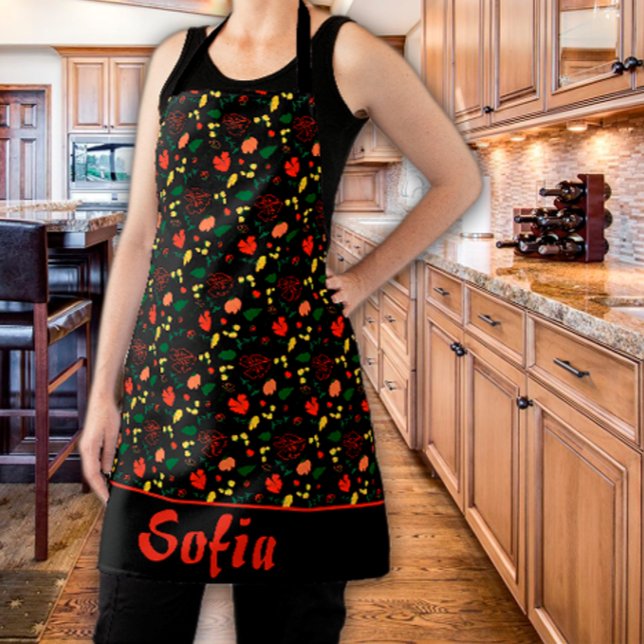 Wildflowers pattern poppy black  apron (Creator Uploaded)