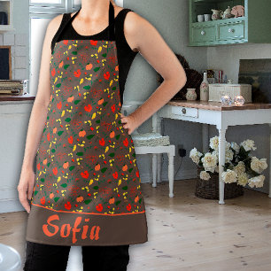 Wildflowers pattern poppy brown apron